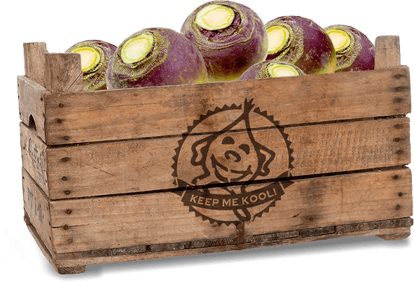Rutabagas in wooden crate